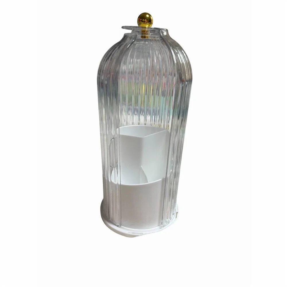 Clear Ribbed Makeup Organizer Jar with Lid Gold Knob 3-Compartment Insert